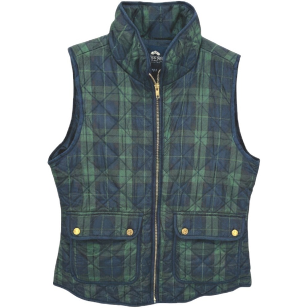 British Khaki Quilted Vest Womens Large Green Navy Plaid Brass Zipper Pockets